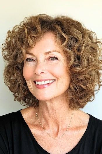 Layered Curly Bob Hairstyle en una mujer sonriente de unos 70 años con el pelo castaño.