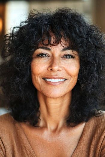 Medium-Length Tousled Curls with Bangs Peinado en una mujer sonriente con el pelo castaño-negro.