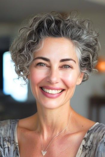 Peinado Curly Salt And Pepper Pixie Bob en una mujer mayor sonriente con el pelo gris y oscuro.