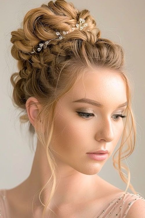Corona trenzada con moño alto rizado idea de peinado de graduación.