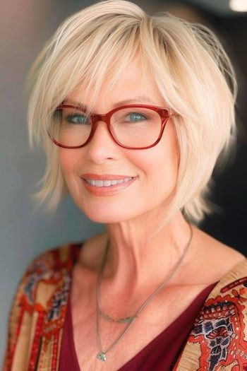 Corte recortado en ángulo con capas Peinado corto para mujeres de más de 50 años con gafas.