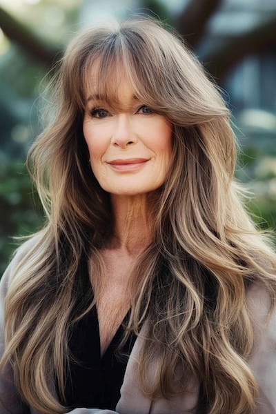 Peinado de ondas largas con flequillo para mujeres de más de 70 años.