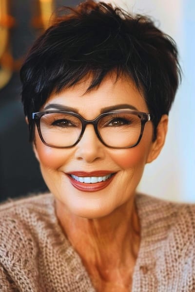 Corte Pixie con flequillo corto y gafas Corte de pelo para mujeres mayores de 60 años.
