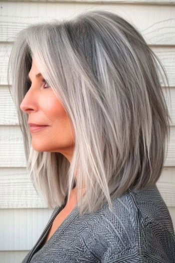 Peinado lob recto para mujeres de más de 50 años con pelo fino.