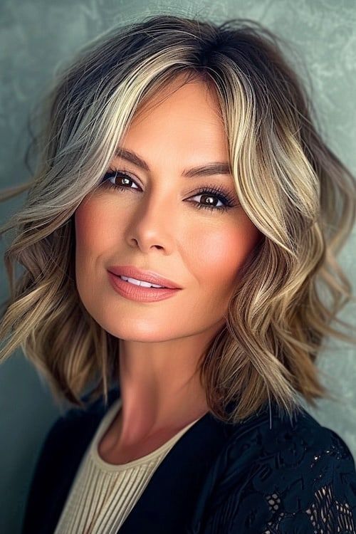 El balayage ondulado realza el peinado de media melena para mujeres de más de 40 años.