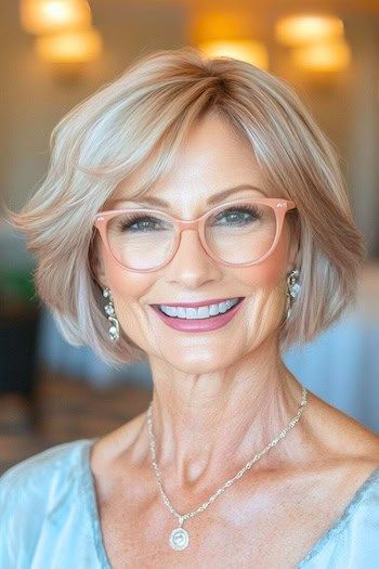 Peinado recortado Blunt Bob con capas en una mujer sonriente de unos 50 años con pelo rubio y gafas.