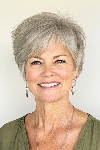 Peinado Pixie texturizado en una mujer sonriente de unos 70 años con el pelo gris.