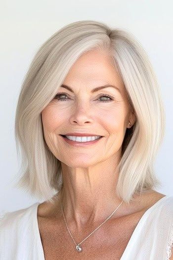 Peinado rubio recto Lob (Bob largo) en una mujer sonriente de unos 70 años con el pelo rubio.