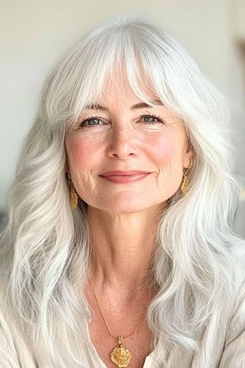 Peinado de capas largas onduladas con flequillo en una mujer sonriente de unos 70 años con el pelo gris claro.