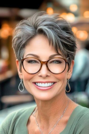 Peinado Pixie con sal y pimienta en una mujer sonriente de unos 50 años con el pelo gris y gafas.