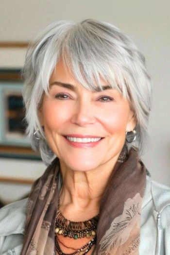 Peinado de capas cónicas con flequillo en una mujer mayor sonriente con el pelo gris.