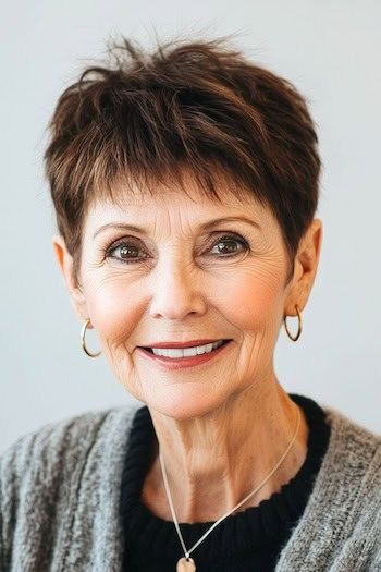 Peinado Piecey Pixie en una mujer sonriente de unos 70 años con el pelo castaño.