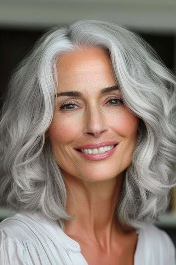 Ondas plateadas en mujer sonriente de unos 60 años.