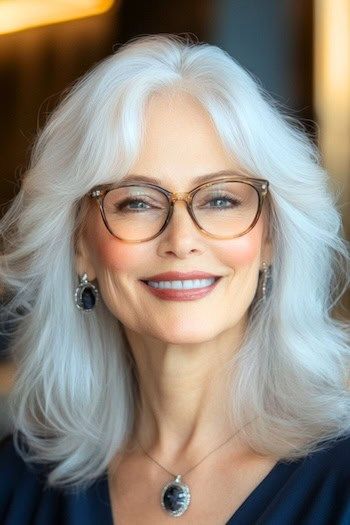 Wispy Layers with Curtain Bangs Peinado en una mujer sonriente de unos 50 años con el pelo blanco y gafas.