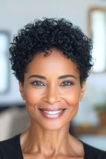 Peinado Pixie rizado recortado en mujer mayor sonriente con pelo castaño.