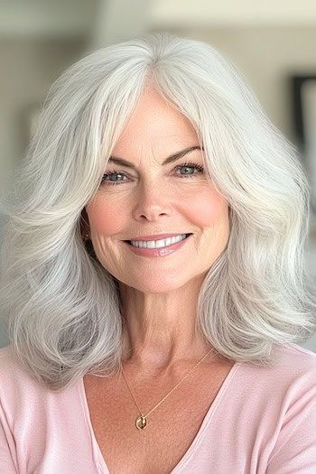 Peinado de capas texturizadas de longitud media en una mujer sonriente de unos 70 años con el pelo gris.