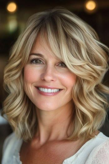 Side-Swept Layered Blond Waves Peinado en una mujer sonriente con el pelo rubio.