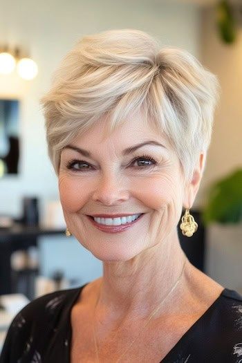 Layered Short Pixie Hairstyle en una mujer sonriente de unos 70 años con el pelo rubio.