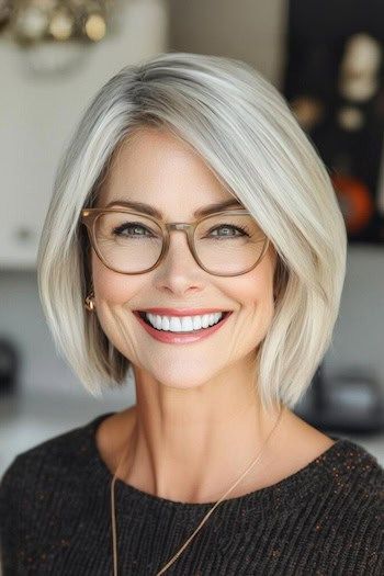 Peinado Bob con raya al lado en una mujer sonriente de unos 50 años con pelo rubio grisáceo y gafas.