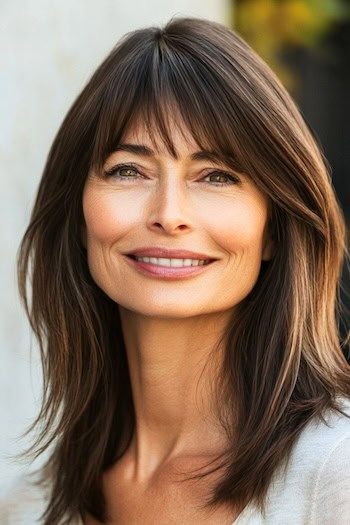 Media melena lisa con flequillo 
Peinado en una mujer sonriente con el pelo castaño.