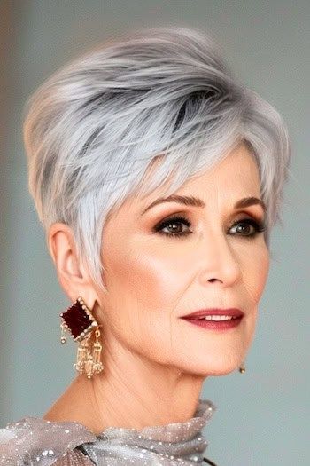Peinado Pixie plateado voluminoso en una mujer mayor con el pelo plateado fresco.