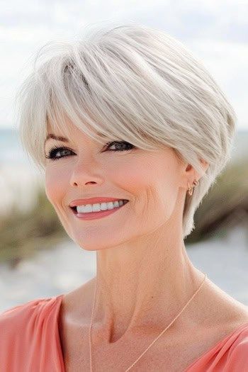 Pixie con flequillo largo peinado en una mujer sonriente de unos 60 años con el pelo gris.