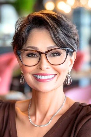 Peinado Pixie cortado a navaja en una mujer sonriente de unos 50 años con pelo corto castaño y gafas.