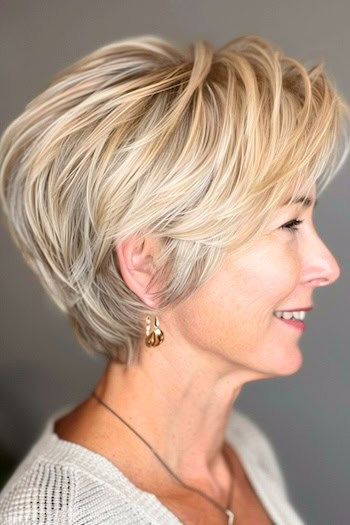 Peinado Pixie redondeado en mujer mayor sonriente con pelo rubio, vista lateral.