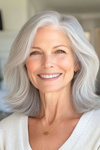 Peinado lob largo hasta los hombros (long bob) en una mujer sonriente de unos 70 años con el pelo gris.