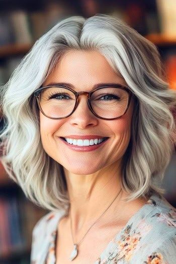 Peinado Choppy Wavy Layers en una mujer sonriente de unos 50 años con el pelo gris y gafas.