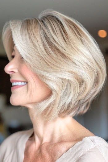Layered Rounded Bob Peinado en sonriente mujer mayor con el pelo rubio, vista lateral.