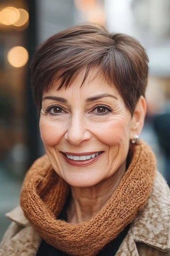 Pixie para cabello fino peinado en una mujer sonriente de unos 70 años con el pelo castaño.