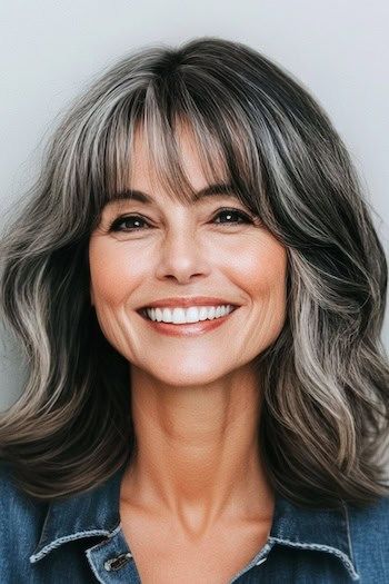 Sal y pimienta ondas con flequillo peinado en una mujer sonriente con un color de pelo de sal y pimienta.