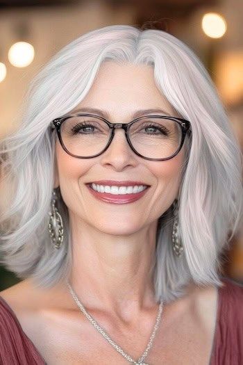 Peinado Blunt Long Bob en una mujer sonriente de unos 50 años con el pelo gris y gafas.