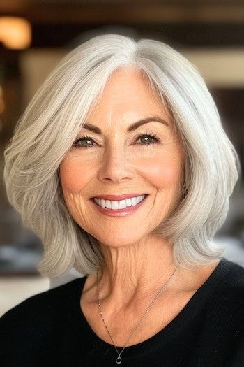 Peinado Bob largo a capas en una mujer sonriente de unos 70 años con el pelo gris.