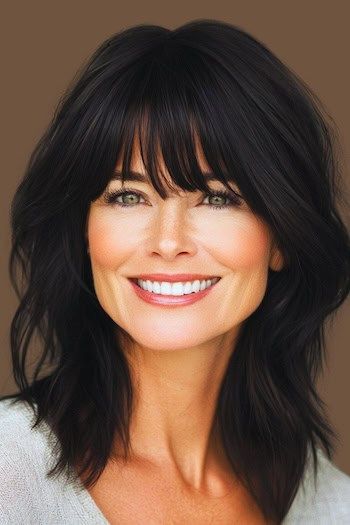 Tousled Shaggy Layers with Bangs Peinado en una mujer sonriente con el pelo castaño oscuro.