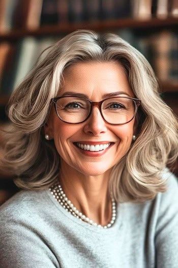 Peinado de media melena rizada con gafas en una mujer sonriente de unos 50 años con el pelo rubio escarchado y gafas.