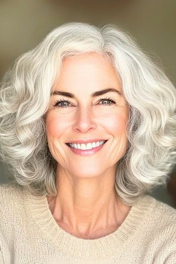 Peinado Bob rizado plateado con capas en una mujer sonriente de unos 70 años con el pelo gris.