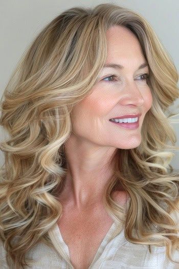 Peinado de rizos rubios en capas en una mujer sonriente de unos 50 años con pelo rubio voluminoso.