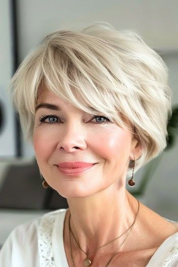 Voluminous Layered Pixie Hairstyle en una mujer mayor sonriente con el pelo rubio.