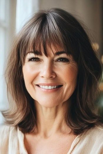Wispy Layers with Flipped Ends and Bangs Peinado en una mujer sonriente con el pelo castaño.