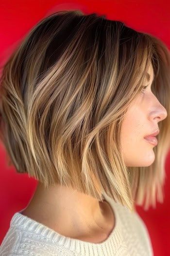 Peinado Bob despuntado en ángulo para cabello fino.