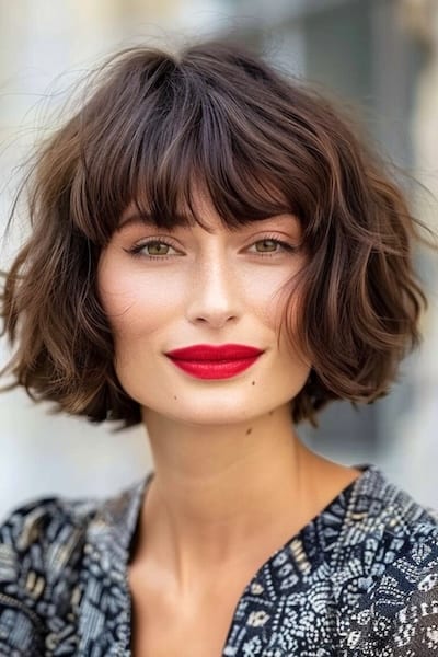 Corte de pelo corto bob francés en hermosa mujer mayor con lápiz labial rojo.