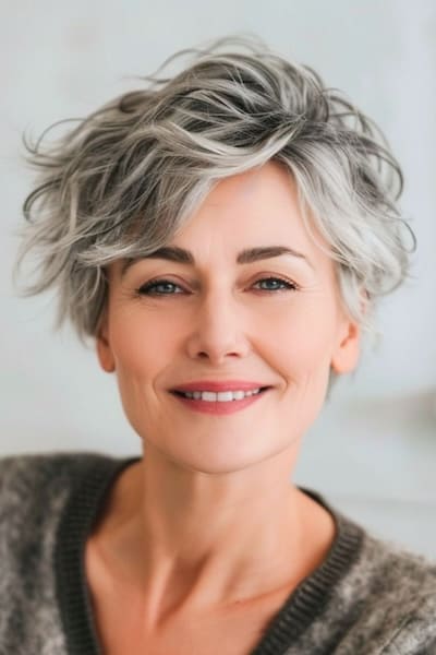 Corte de pelo Pixie largo ondulado a capas para mujeres de más de 60 años.