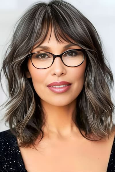 Peinado Shag elegante para mujeres de más de 40 años con gafas.