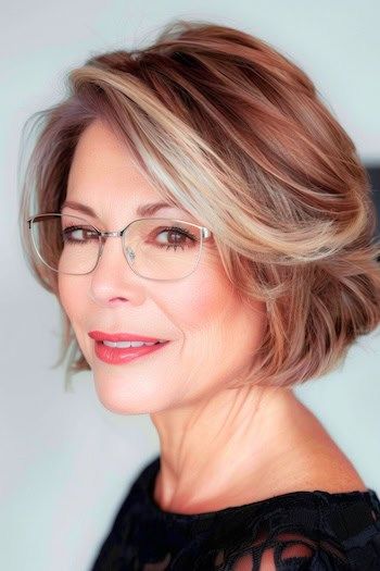 Stacked Highlighted Bob Peinado Corto Para Mujeres Mayores De 50 Con Gafas.