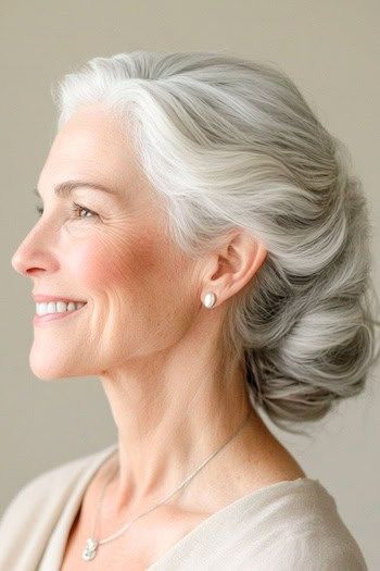Peinado moño bajo plateado en una mujer sonriente de unos 70 años con el pelo gris, vista lateral.