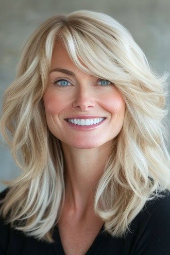Piecey Blonde Layers with Side-Swept Bangs Peinado en una mujer sonriente con el pelo rubio platino.