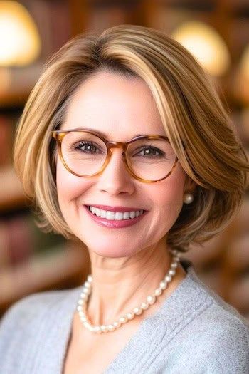 Peinado Bob con raya al lado en una mujer sonriente de unos 50 años con pelo castaño y gafas.