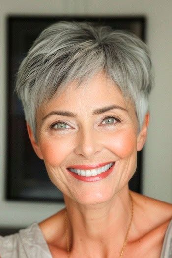 Recortada sal y pimienta Pixie peinado en sonriente mujer mayor con sal y pimienta de pelo.